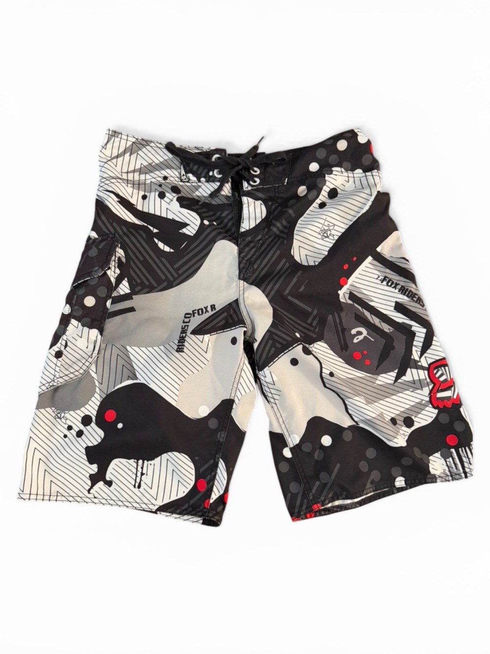 Fox Black, Gray & Cream Camo Kids Swim Shorts with Red Accents